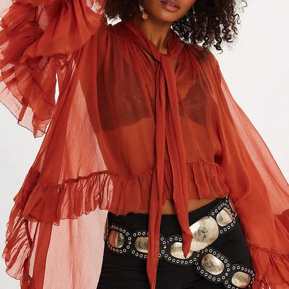 Red Boho Women's Peplum Lace Trim V Neck Sheer Long Sleeve Blouse